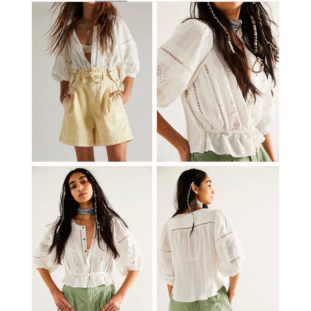 Free People Daisy Chains Eyelet Top White Cotton Crop Boho Peasant Blouse SP - Picture 5 of 8